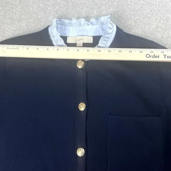 Loft Ruffle Neck Sweater Womens XL Navy Button Up Cardigan Workwear Fall Casual - Picture 4 of 12